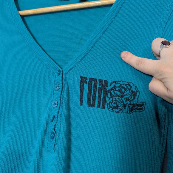 Fox Rider Co Vintage Y2K Waffle Knit Thermal Henley Graphic Emo Scene Skater Top - Picture 8 of 8